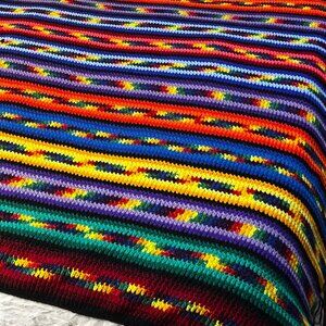 VTG Handmade Crochet Rainbow Striped Blanket Vibrant Multicolor 70x100in